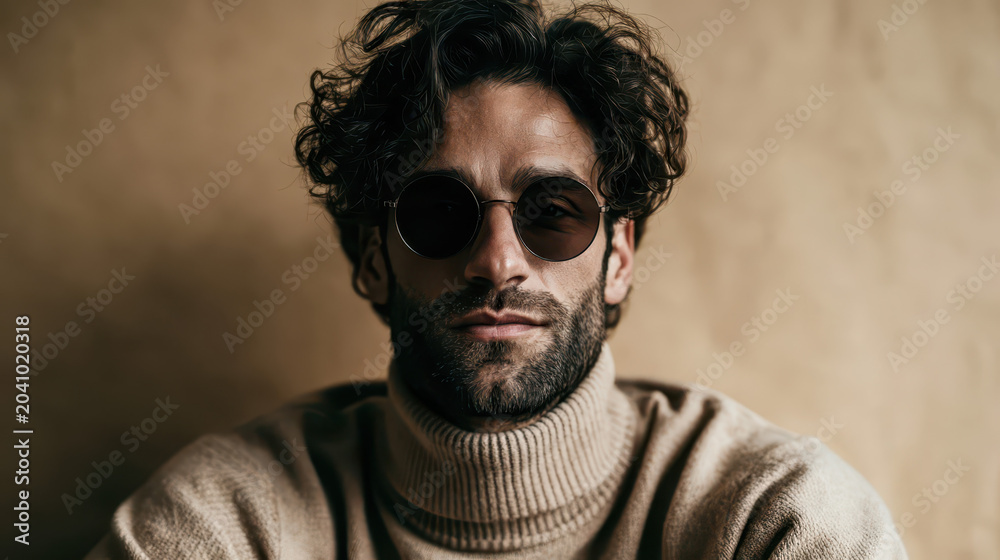 Fototapeta premium Confident Man in Beige Turtleneck and Sunglasses, Studio Portrait with Calm Expression and Soft Lighting.