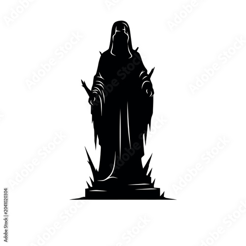 Photos Dark hooded figure holding swords standing on pedestal.