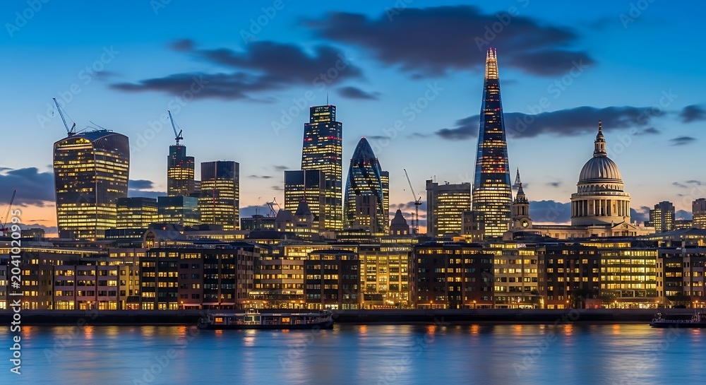 Fototapeta premium Illuminated Modern London Skyline Reflecting on River Thames at Twilight