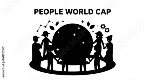 Fotografía People holding world globe with caps celebration isolated on transparent backgro