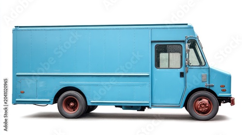 A plain, light blue, vintage-style delivery truck stands in profile