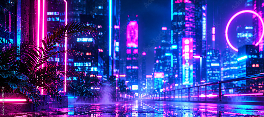 Fototapeta premium Neon city skyline at night with reflections on wet pavement and tropical plants