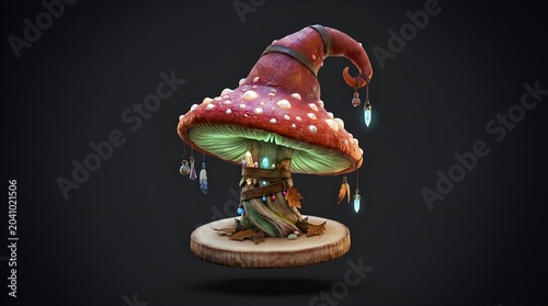 3D mushroom wizard hat icon, enchanted forest magic item, isolated