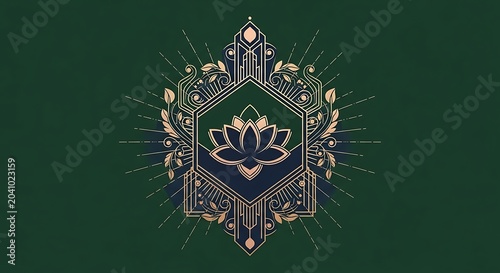 Ornate Gold Lotus Emblem Centered on Dark Green Decorative Background