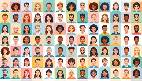Diverse Illustrated People Avatars Arranged in Colorful Grid on White Background