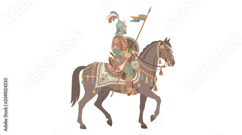 Valokuva Historical illustration of a mounted medieval knight in armor.
