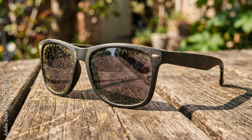 Modern sunglasses resting on a wooden table in a sunlit garden  