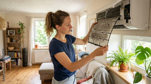 Woman cleaning air conditioner filter at home for Seasonal Summer Allergies  