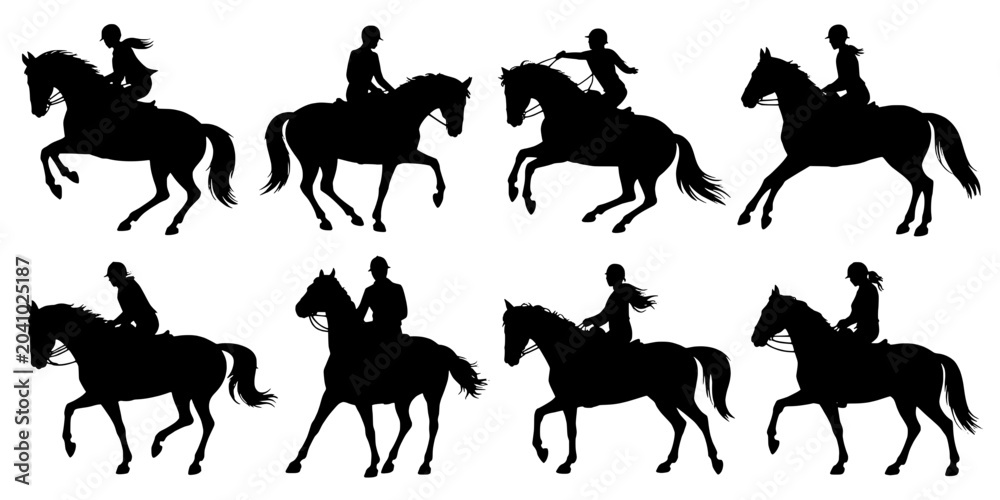 Obraz premium Horse Rider Silhouette Vector Set with Jockey Figures on Black Horses in Dynamic Galloping Poses Featuring Equestrian, Icons, Gallop with Horseback