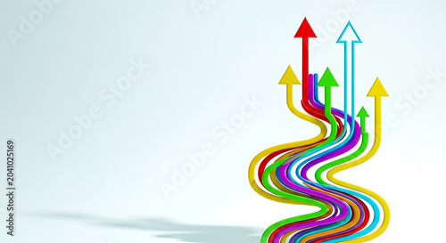 Colorful arrows following winding paths towards growth with direction progress business strategy achievement development competition leadership aspiration movement opportunity management