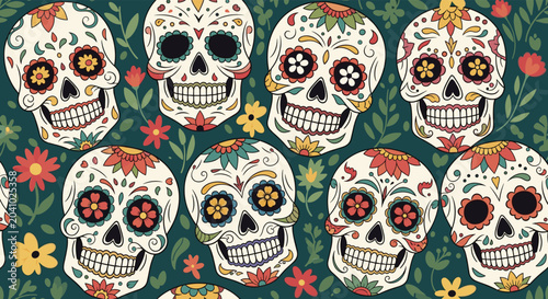 Traditional Mexican day of the dead pattern showcases intricately decorated sugar skulls surrounded by colorful flowers and green leaves.
