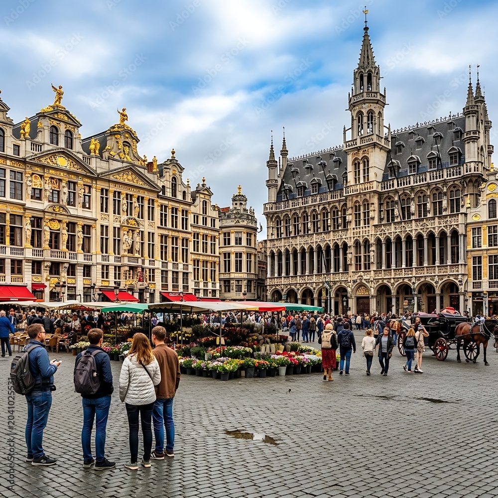 Obraz premium Historic European Market Square Bustling with Tourists and Gothic Architecture