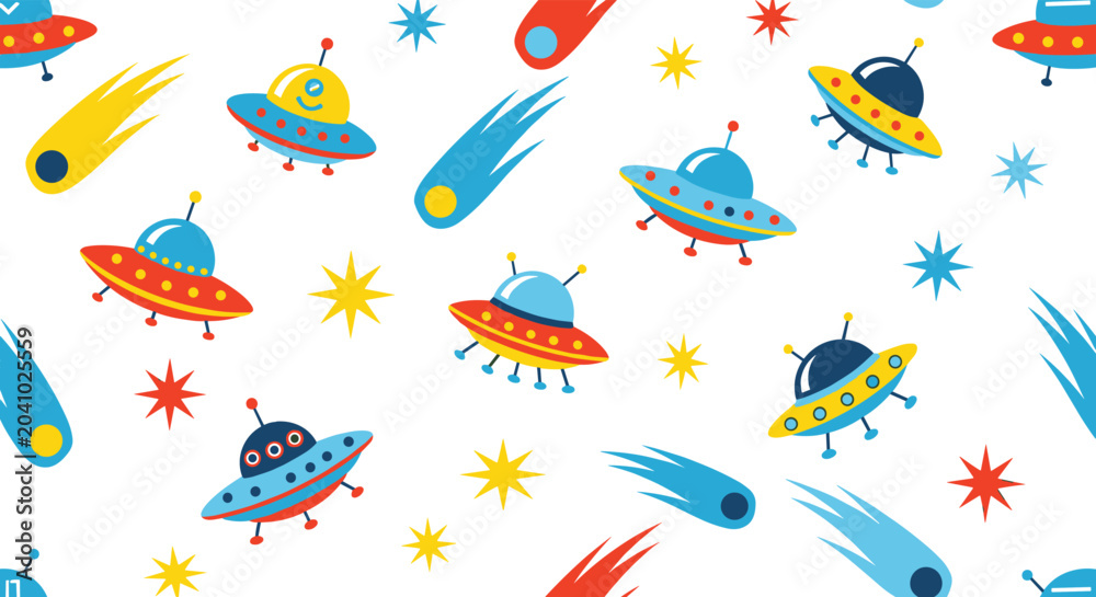 Obraz premium Vibrant outer space seamless pattern decorated with colorful ufo spaceships, glowing comets and twinkling stars on a plain white surface.