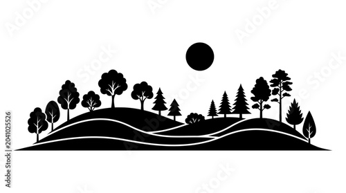 Tableau sur toile Black silhouette trees on hills landscape.