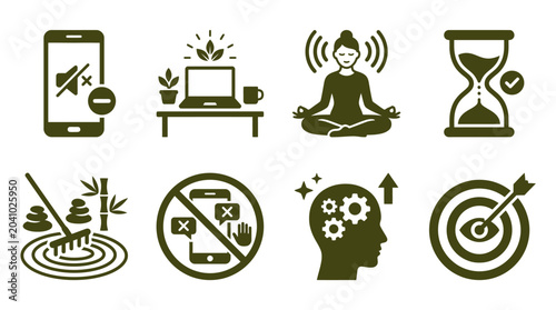 Set of mindfulness and productivity mental wellness icons.