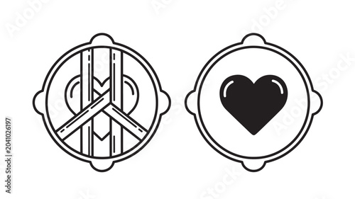 Quadro em tela Peace Sign and Heart Icons in Circular Badges, Black Line Art on White Backgroun