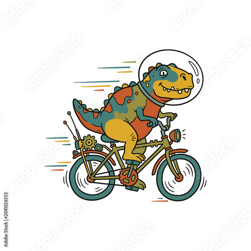 Cartoon dinosaur riding bicycle in helmet.