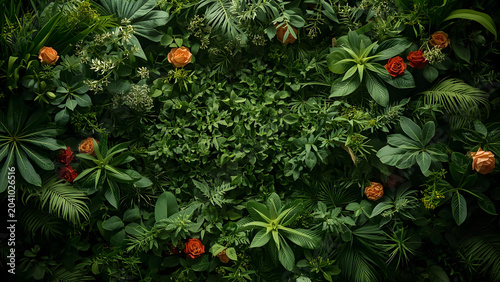 Lush Greenery and Orange Roses Vertical Garden Background