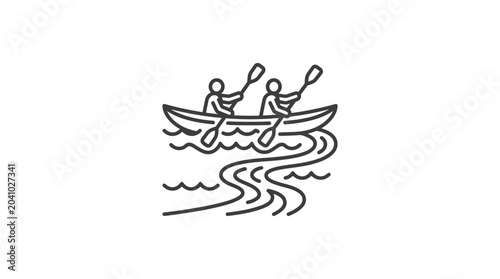 Schilderij op canvas Couple rowing a canoe on moving water line art.
