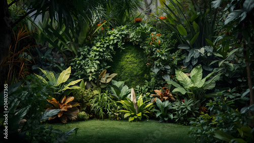 Lush jungle garden with exotic plants and vibrant green foliage