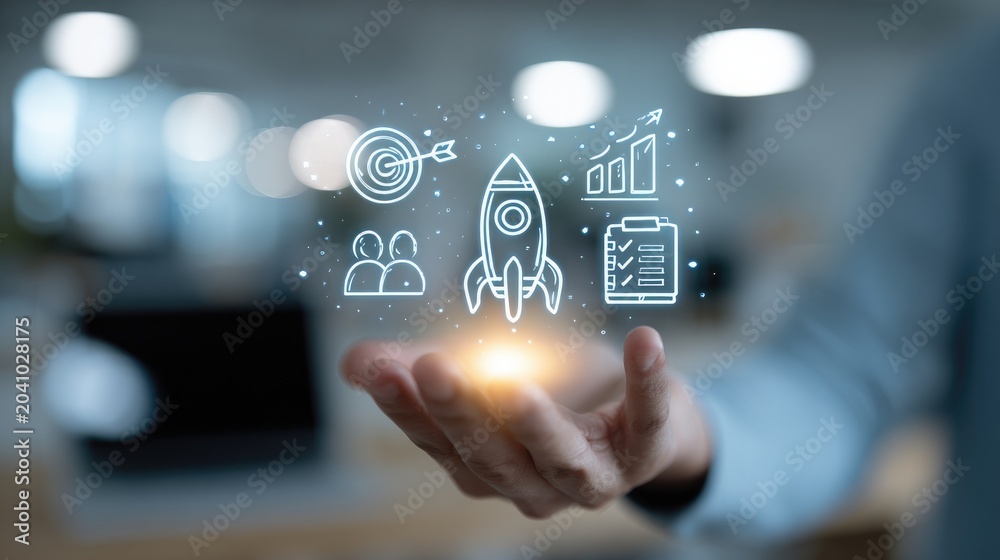 Fototapeta premium Hand holding digital icons of rocket, target, team, growth chart, clipboard