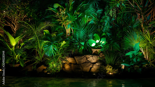 Lush tropical garden illuminated at night with vibrant green and yellow lights