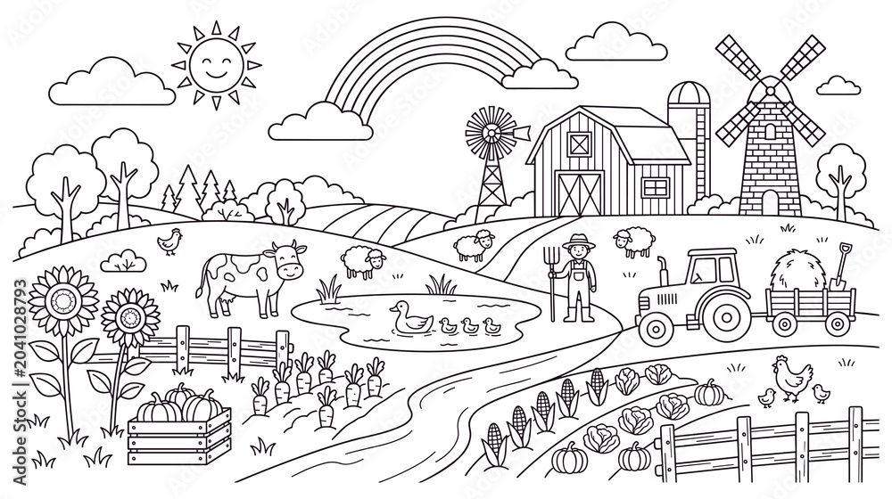 Fototapeta premium Farm landscape with happy farmer, animals and crops.