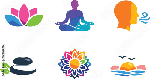 Tableau sur toile Meditation and Mindfulness Vector Icon Collection with Yoga, Breathing and Zen S