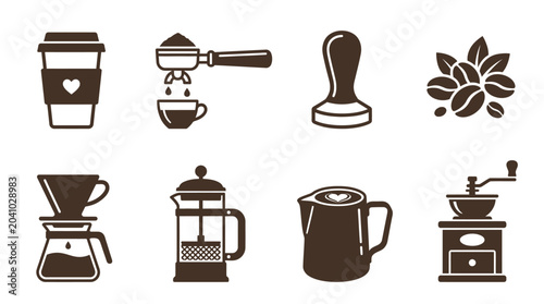 Schilderij op canvas Collection of coffee-related icons featuring cups, brewing tools, and beans in m