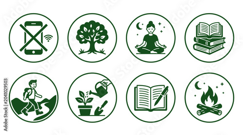 Photos Set of eight flat green lifestyle icons representing leisure activities and mindful habits