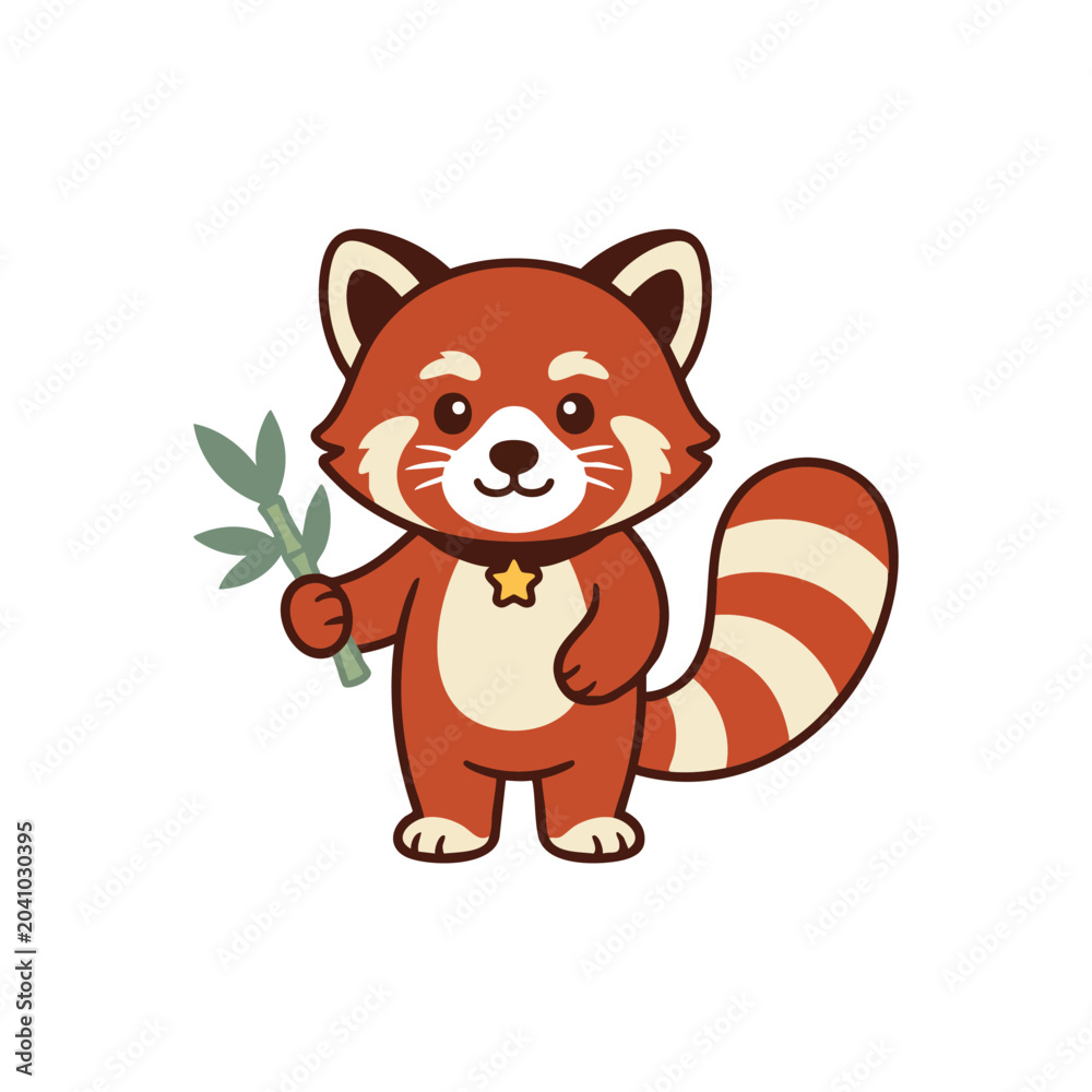Obraz premium Cute red panda holding leafy branch cartoon.
