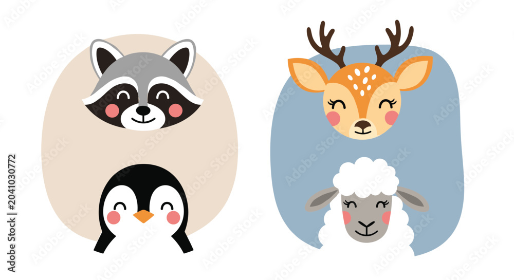 Naklejka premium Set of four adorable animal portraits including a raccoon, penguin, deer, and sheep within soft colored circles on a plain white background.