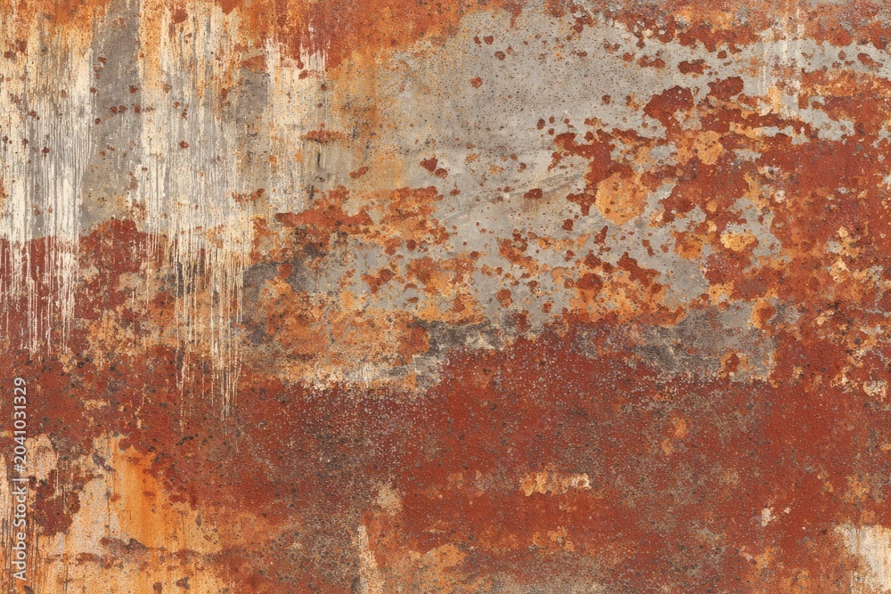 Fototapeta premium Oxidized metallic surface with peeling paint, showing textured corrosion and discolored patches