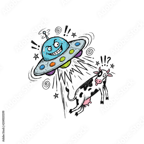 Canvas Print Cartoon UFO Abducting a Spotted Cow.