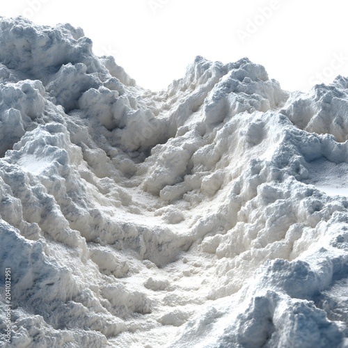 Industrial white powder pile with textured mineral surface, bulk chemical raw material for manufacturing, close up of crushed limestone or salt heap for construction and agriculture use isolated