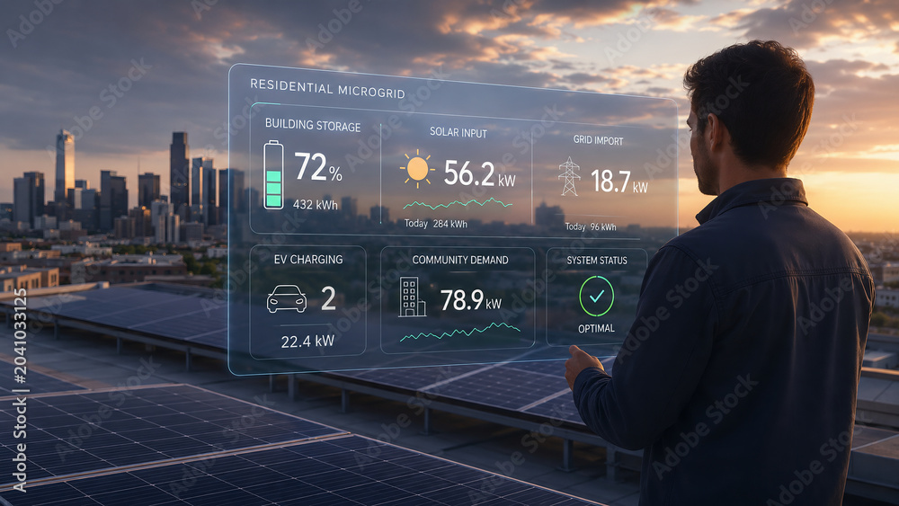 Man using futuristic holographic interface to monitor residential microgrid and solar energy system on city rooftop