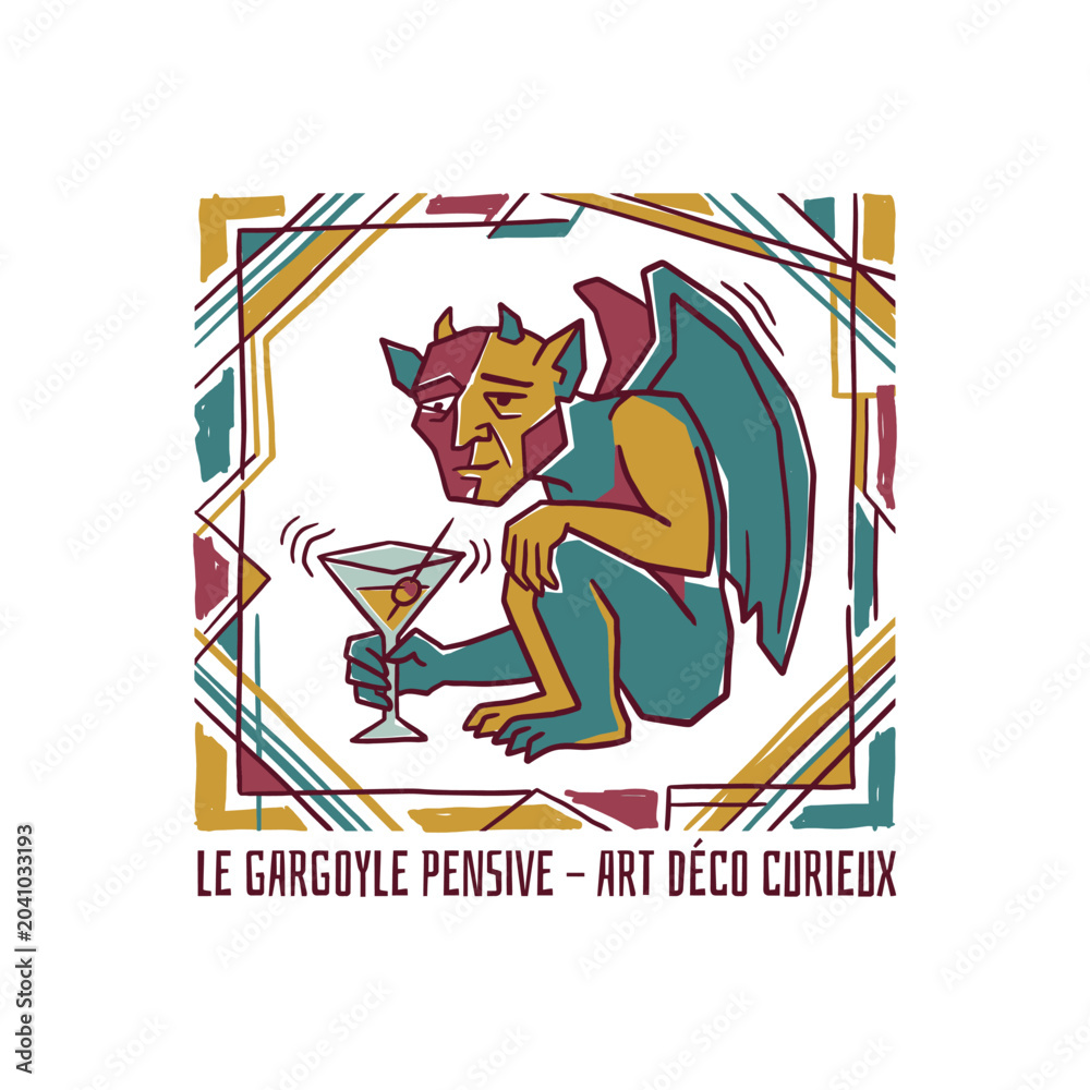 Obraz premium Art deco gargoyle creature holding a martini glass.