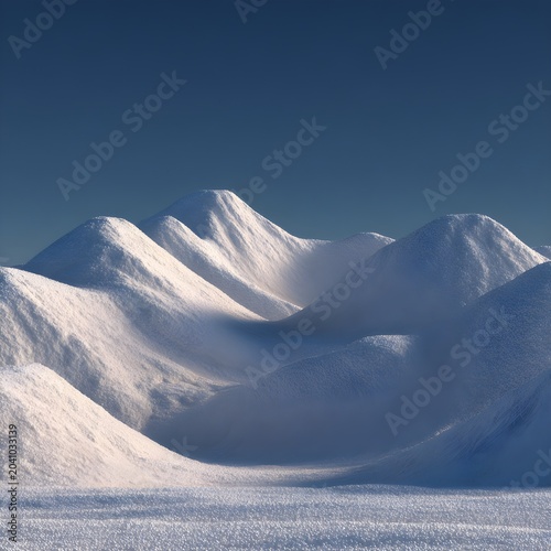 Snowy mountain peaks under a clear blue sky, majestic winter landscape with soft white snow dunes and rolling hills, serene arctic wilderness scenery for travel and nature backgrounds isolated
