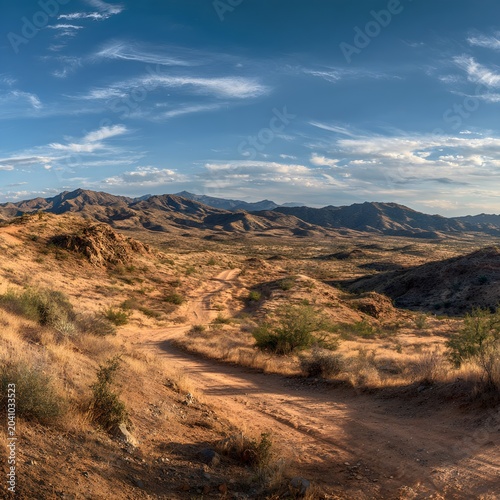 Arid desert landscape with winding dirt road through rugged mountains, vast canyon valley under blue sky with wispy clouds, golden hour wilderness scenery for travel and adventure concepts