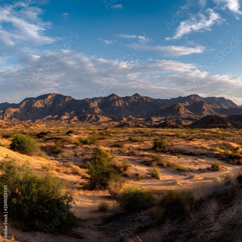 Arid desert landscape with rugged mountain range under blue sky, golden hour sunlight over dry wilderness terrain, scenic panoramic view of rocky mountains and desert vegetation at sunset