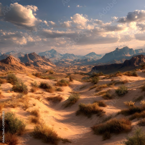 Cinematic desert landscape with golden sand dunes and rugged mountains under a cloudy sky. Vast arid wilderness panorama featuring dry scrub vegetation and dramatic evening sunlight at sunset.
