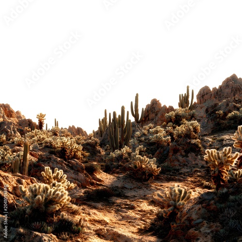 Arid desert landscape with saguaro and cholla cactus, rugged rocky terrain under bright sunlight, wild southwestern wilderness scenery, golden hour lighting on dry desert vegetation isolated PNG