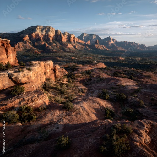 Majestic red rock canyon landscape at sunset, dramatic sandstone mountain peaks under a blue sky, scenic desert wilderness vista with golden hour light
