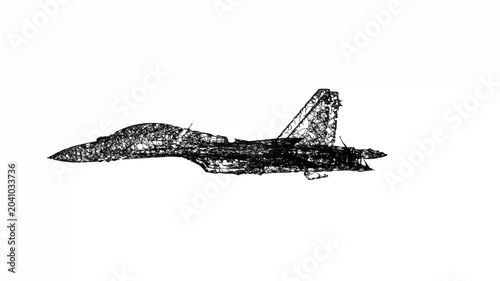 Fighter jet military aircraft flying. Wireframe low poly mesh. Available in FullHD and 4K video