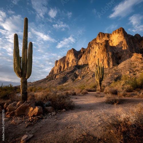 Majestic saguaro cactus in desert landscape at sunset, golden hour light on rugged mountain peaks and arid wilderness, scenic southwestern nature vista with giant cacti and blue sky isolated PNG