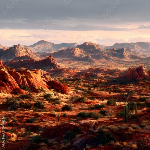 Cinematic desert landscape with red rock formations and rugged mountains. Arid wilderness valley at sunset with dramatic clouds. Southwestern sandstone canyon terrain under golden light.