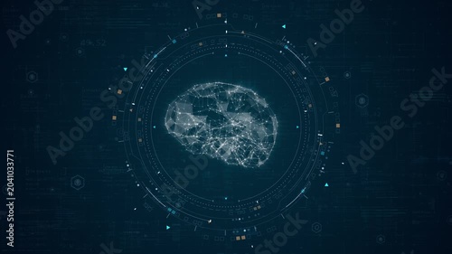 Motion graphic of polygon brain network with glowing nodes, futuristic HUD interface and digital technology background for AI data analysis concept.