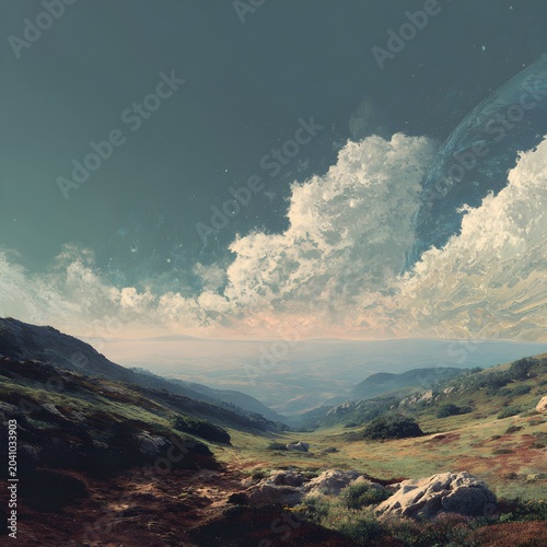 Cinematic mountain landscape under a surreal sky with massive cumulus clouds. Dreamy alpine valley vista featuring rocky terrain and distant peaks. Ethereal nature scenery for fantasy concepts.