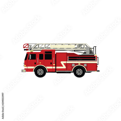 Red Fire Truck With Extended Ladder.
