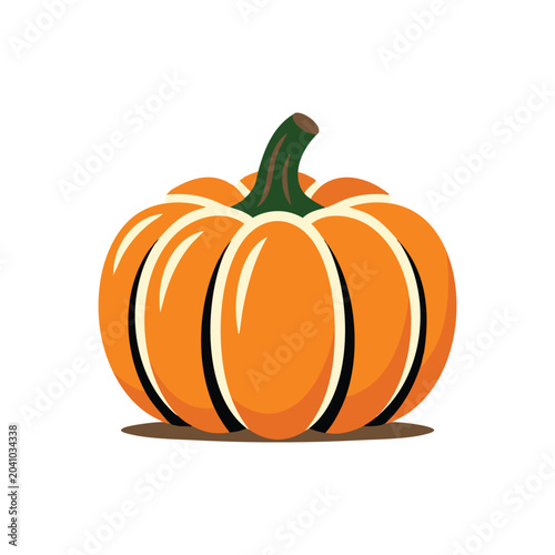 Obraz na płótnie Illustrated orange pumpkin with green stem and striped segments.